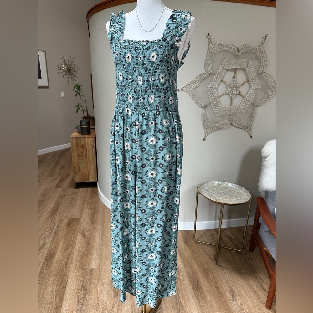 LOFT Teal Floral Ruffle strap Jumpsuit Cropped Wide leg new with tags